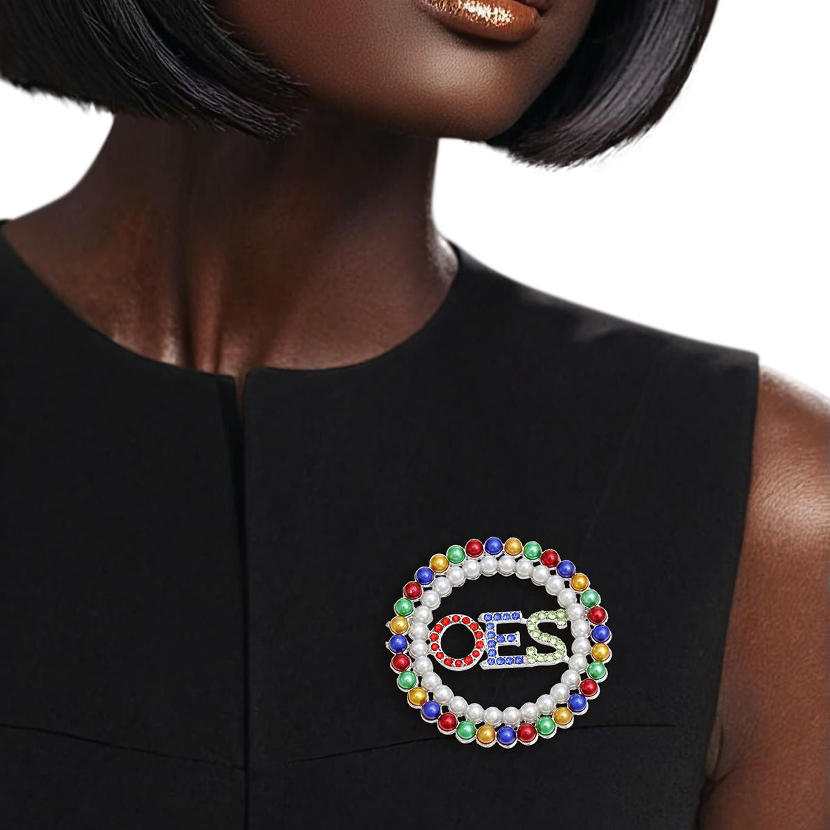 OES Sorority Round Multicolor Pearl Brooch Pin