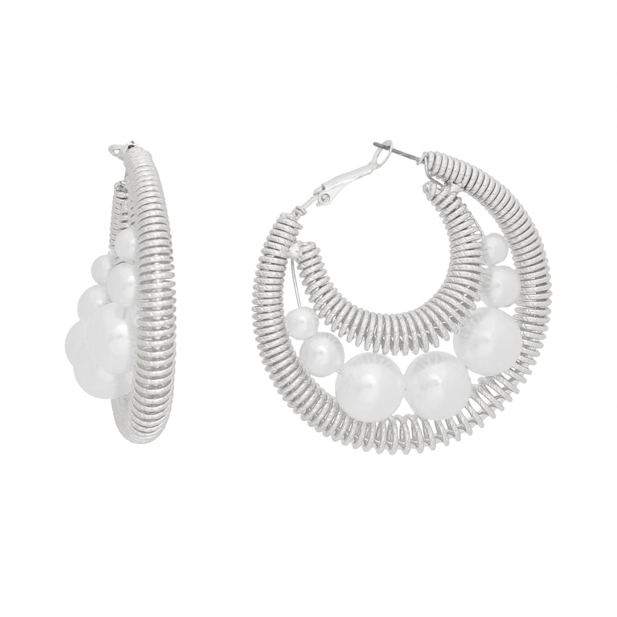 Hoops Silver Double Coiled Wire Pearl Earrings