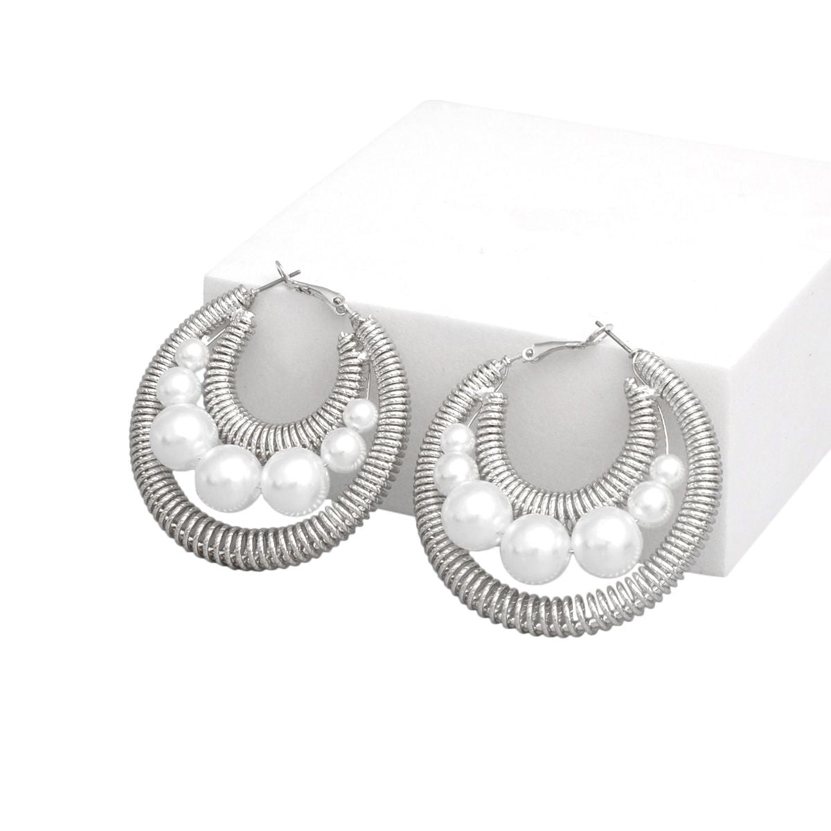 Hoops Silver Double Coiled Wire Pearl Earrings