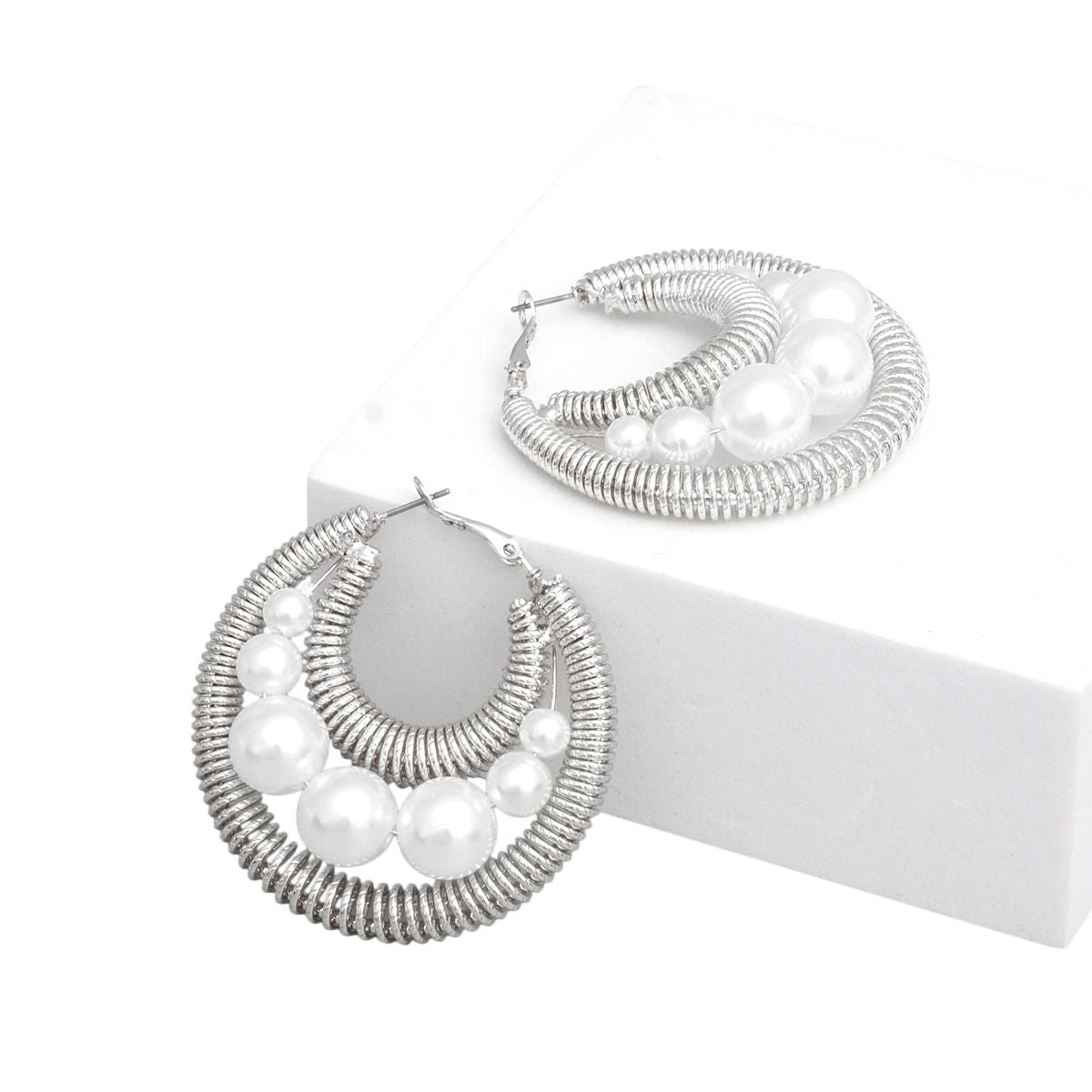 Hoops Silver Double Coiled Wire Pearl Earrings