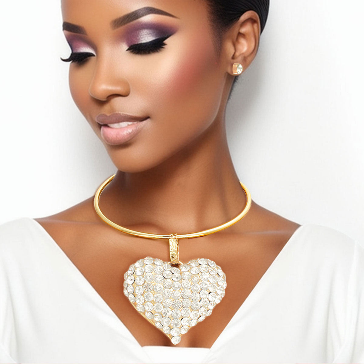 Gold Rigid Collar XL Rhinestone Heart Set